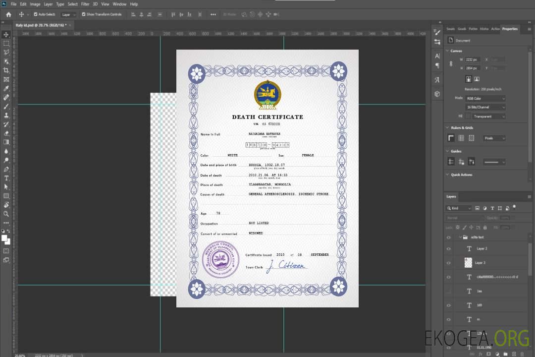 Modèle PSD de certificat de décès de Mongolie template